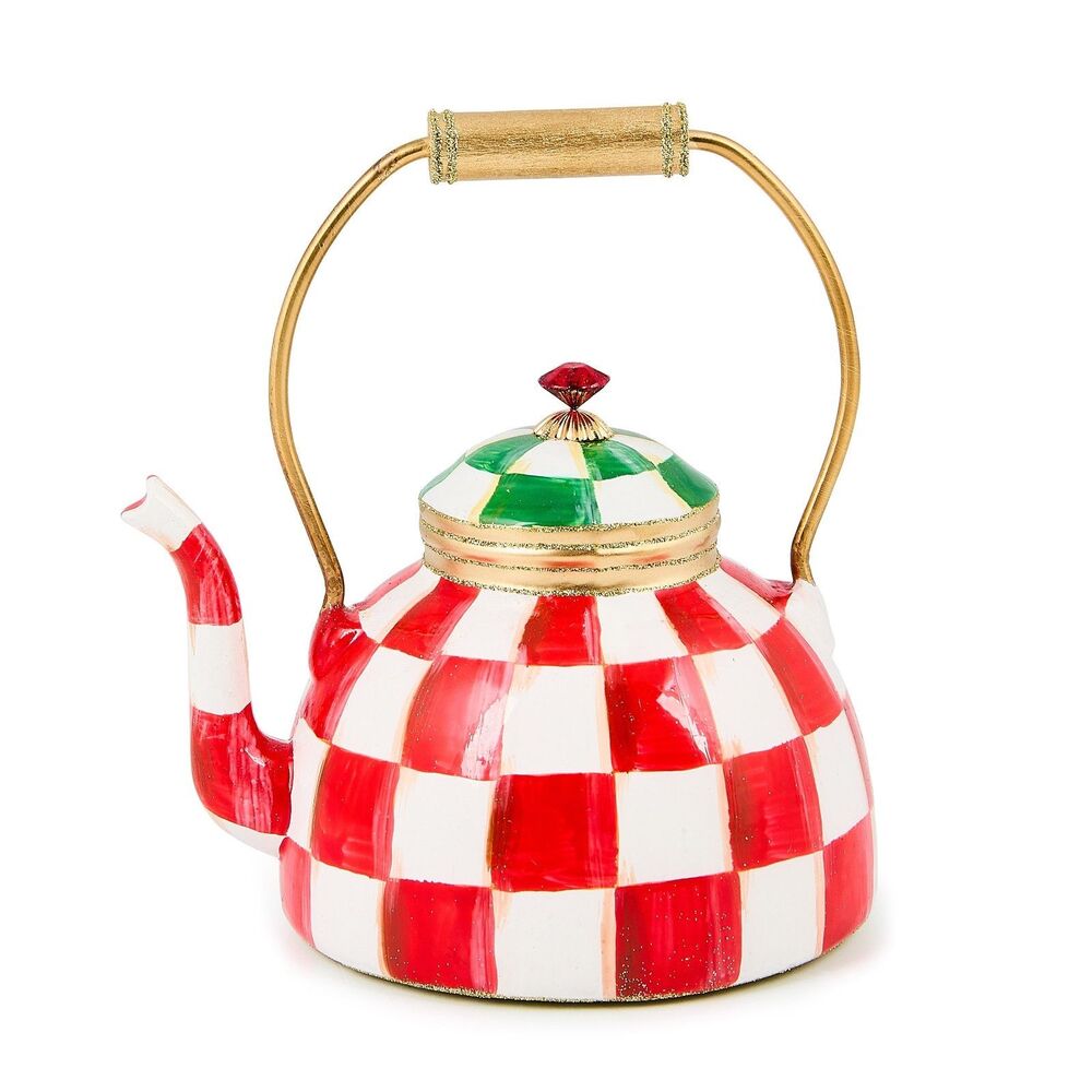 MACKENZIE CHILDS CHECK IT OUT  HOLIDAY TEA KETTLE GLASS ORNAMENT- NEW IN BOX